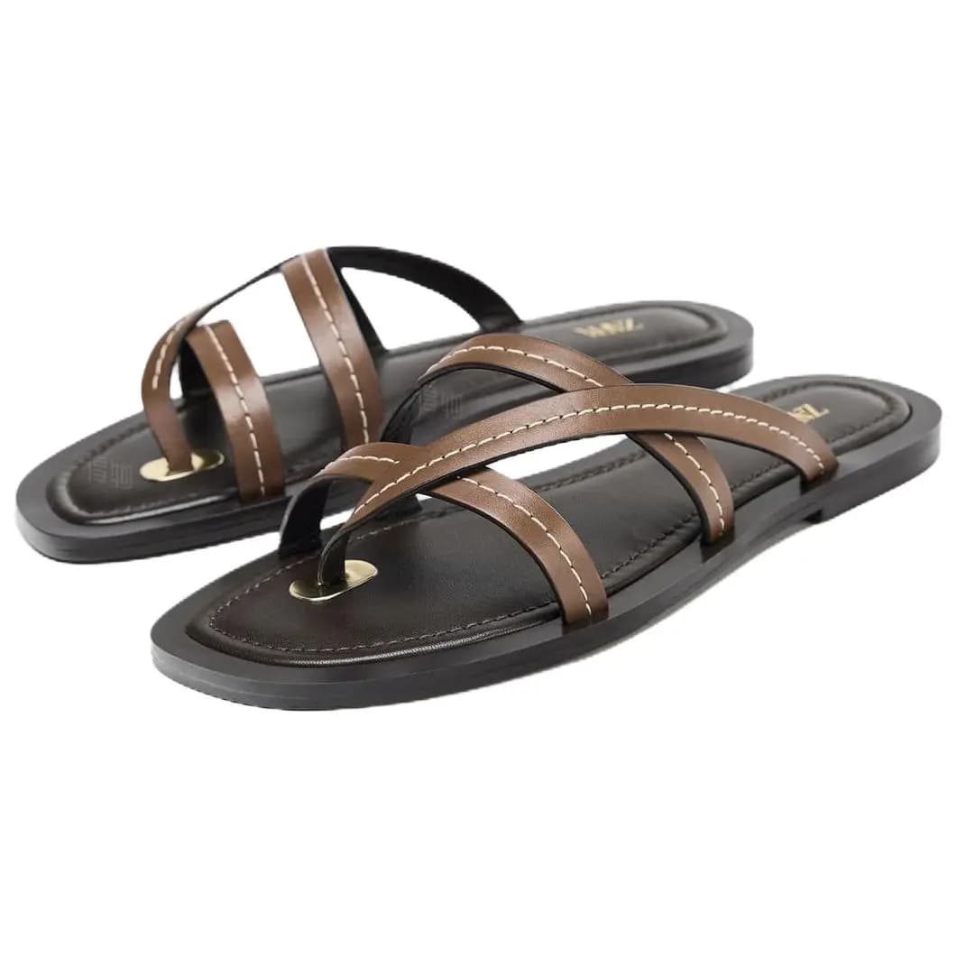 ZARA Open-Toe Retro Flat Leather Strap Sandals Women's Brown 3