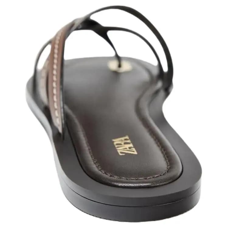 ZARA Open-Toe Retro Flat Leather Strap Sandals Women's Brown 5