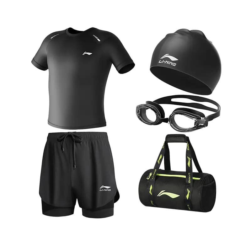 LiNing Cycling Running Swimming Sport Training Casual Short Sleeve Shorts Swimsuit Set Men's Black 8