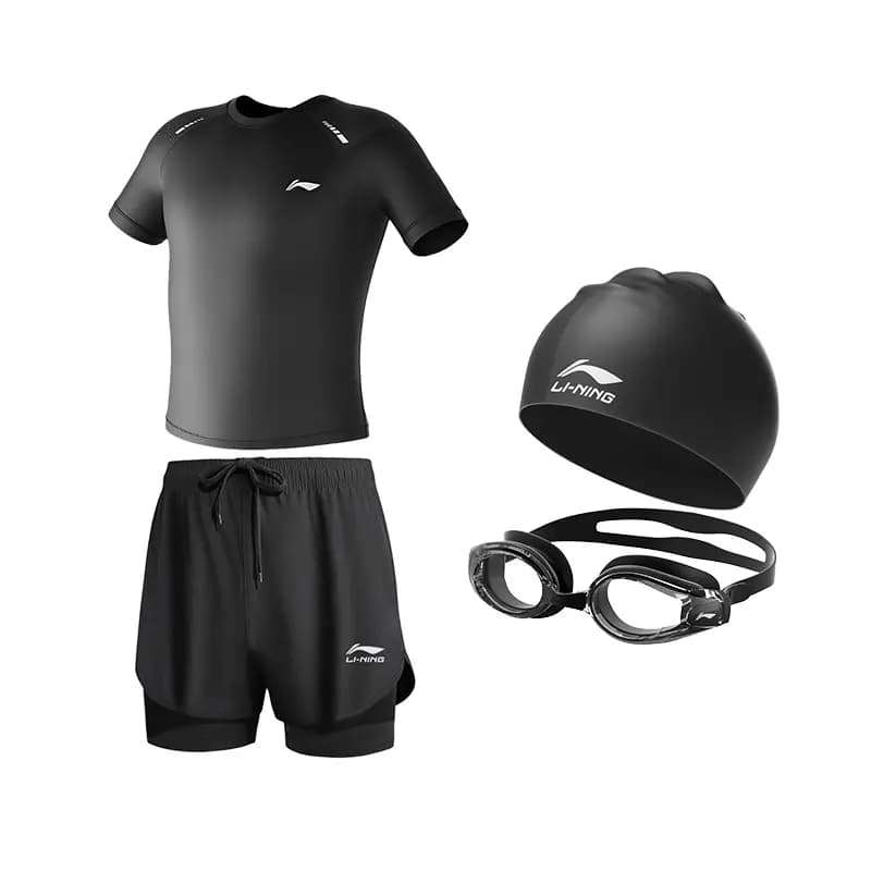 LiNing Cycling Running Swimming Sport Training Casual Short Sleeve Shorts Swimsuit Set Men's Black 7