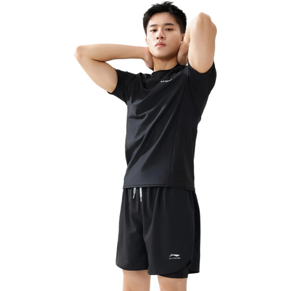 LiNing Cycling Running Swimming Sport Training Casual Short Sleeve Shorts Swimsuit Set Men's Black 3