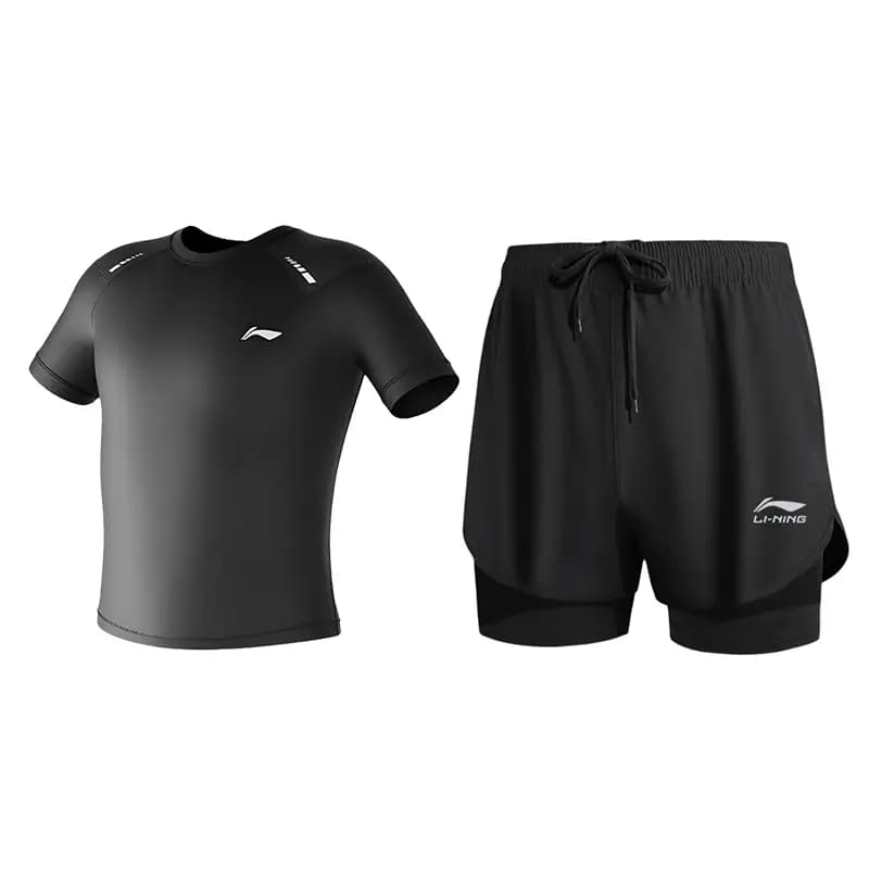 LiNing Cycling Running Swimming Sport Training Casual Short Sleeve Shorts Swimsuit Set Men's Black