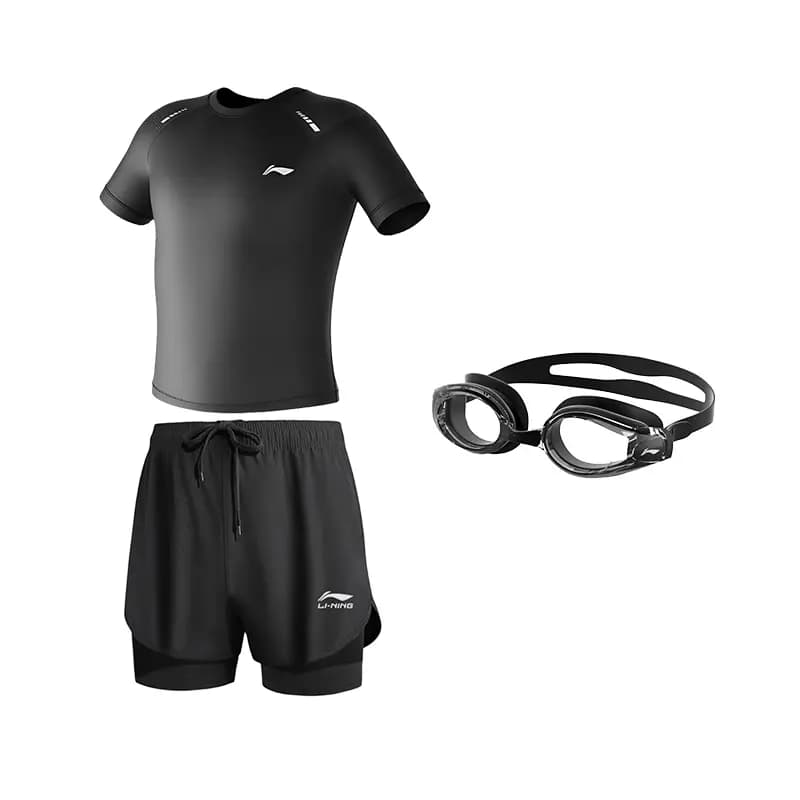 LiNing Cycling Running Swimming Sport Training Casual Short Sleeve Shorts Swimsuit Set Men's Black 6