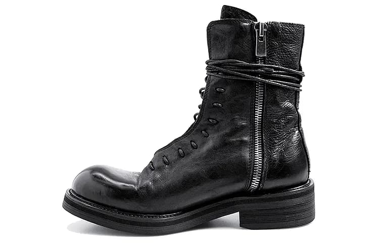 HUANXIANGZHE Cow Leather Platform Height Increasing Lace Up High Top Leather Zipper Martin Boots Unisex Black