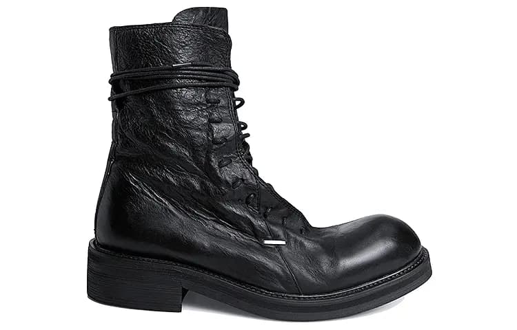 HUANXIANGZHE Cow Leather Platform Height Increasing Lace Up High Top Leather Zipper Martin Boots Unisex Black 2