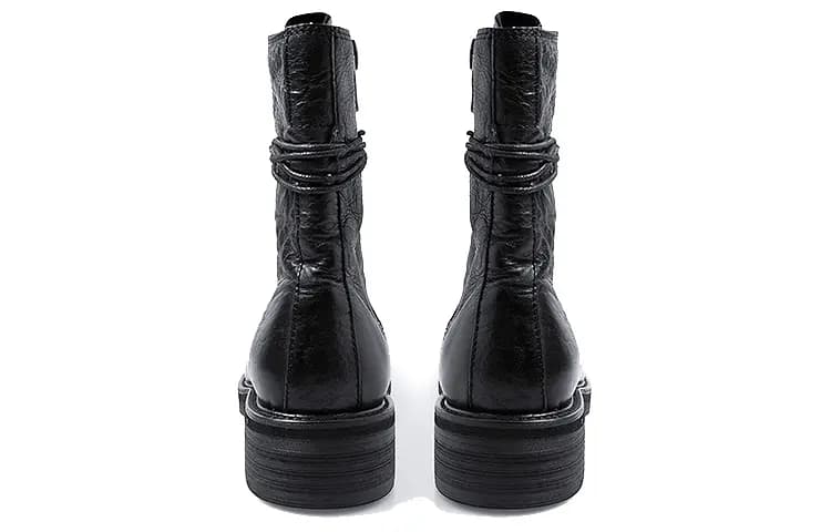 HUANXIANGZHE Cow Leather Platform Height Increasing Lace Up High Top Leather Zipper Martin Boots Unisex Black 4