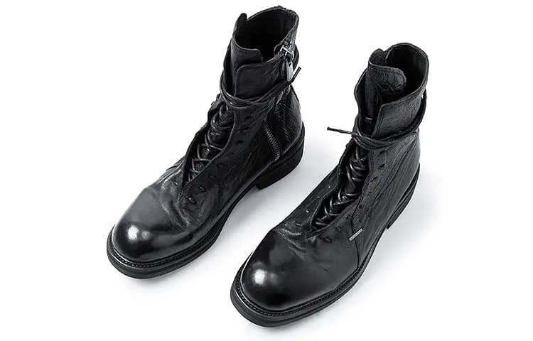 HUANXIANGZHE Cow Leather Platform Height Increasing Lace Up High Top Leather Zipper Martin Boots Unisex Black 5