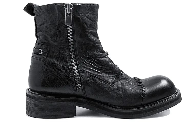 HUANXIANGZHE Round Tip High Top Casual Leather Zip Martin Boots Unisex Black 2