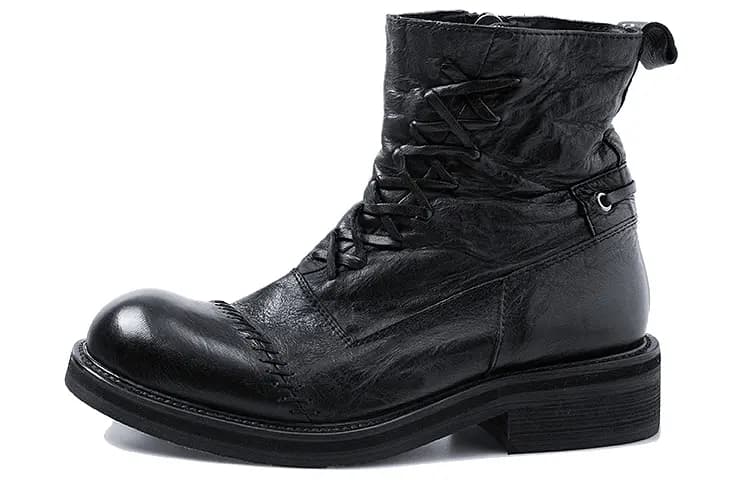 HUANXIANGZHE Round Tip High Top Casual Leather Zip Martin Boots Unisex Black