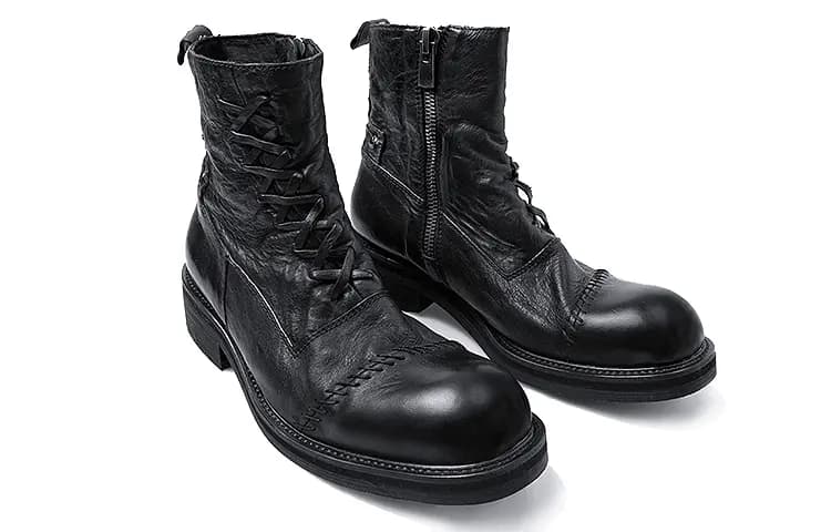 HUANXIANGZHE Round Tip High Top Casual Leather Zip Martin Boots Unisex Black 3