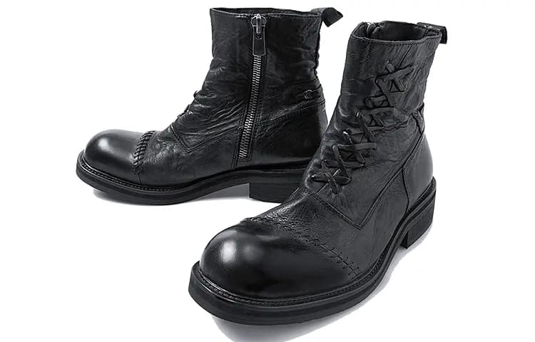 HUANXIANGZHE Round Tip High Top Casual Leather Zip Martin Boots Unisex Black 4