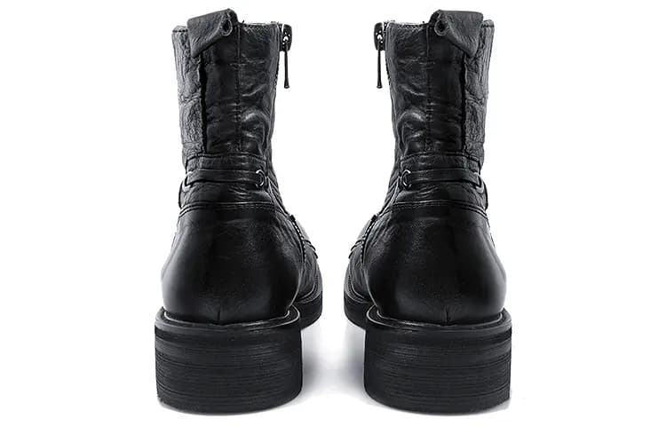 HUANXIANGZHE Round Tip High Top Casual Leather Zip Martin Boots Unisex Black 5