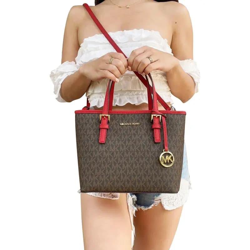 MICHAEL KORS MK Jet Set Signature Print Dəri Çanta Qadın Tünd Qəhvəyi/Qırmızı 6