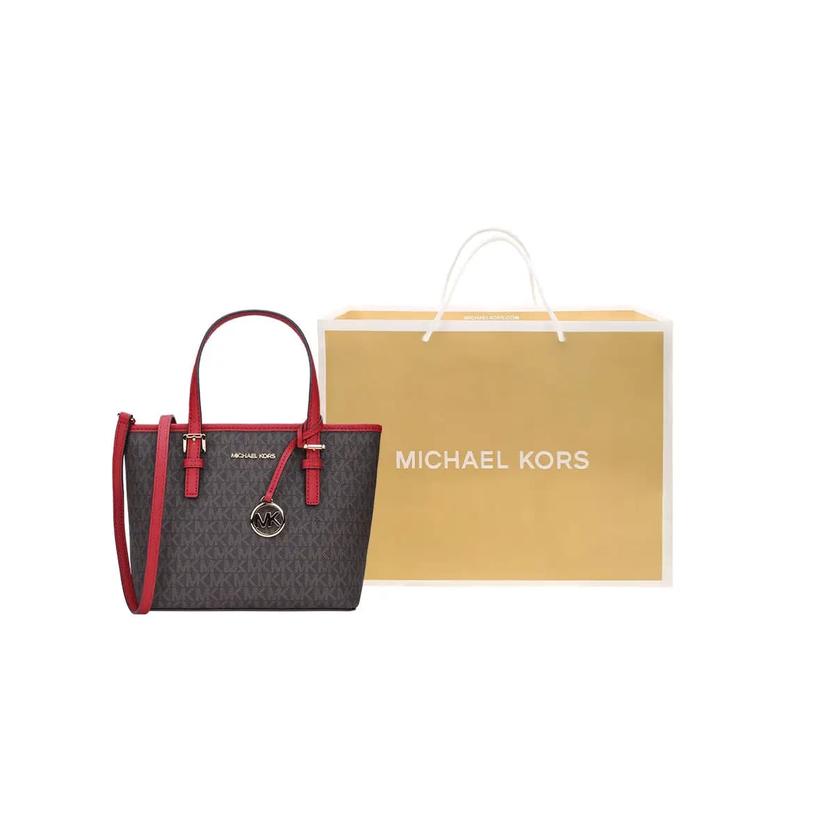 MICHAEL KORS MK Jet Set Signature Print Dəri Çanta Qadın Tünd Qəhvəyi/Qırmızı 4