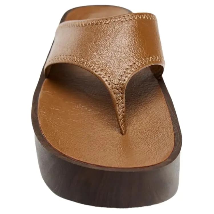 ZARA Goat Leather Slip-On Toe-Post Platform Sandals Women's Brown 4