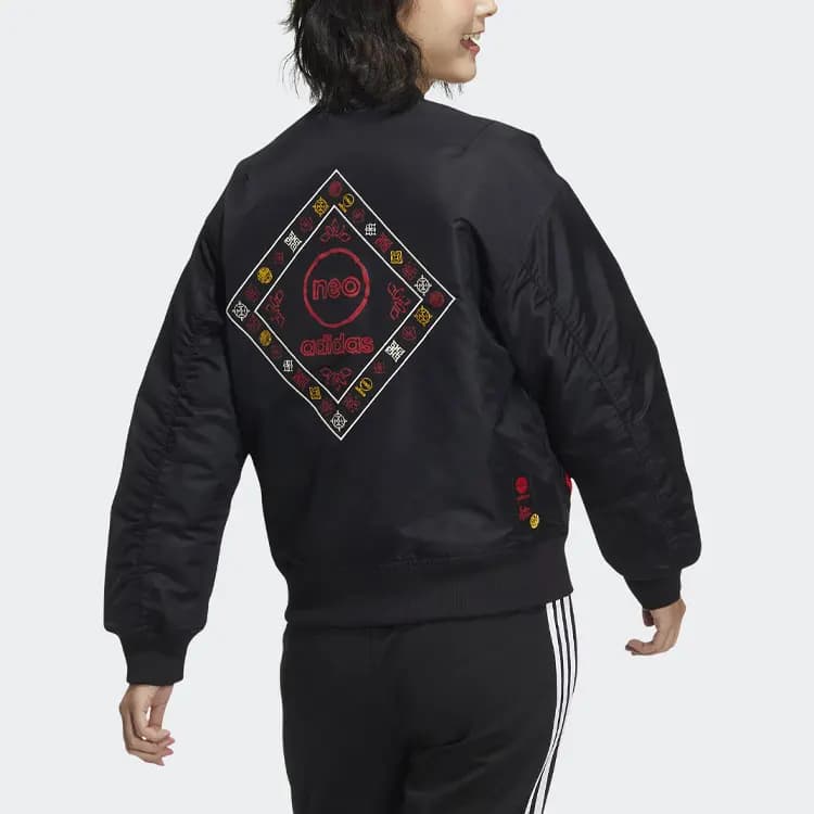 adidas neo CNY Logo Print Solid Bomber Jacket Winter Women's Black 3