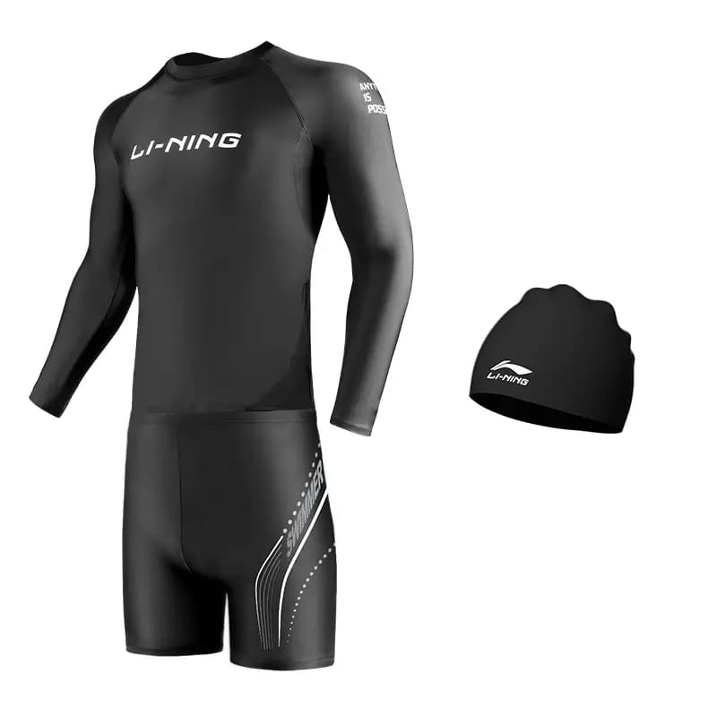 LiNing Moisture-Wicking Anti-Chlorine Soft Comfortable Long Sleeve Racing Skin-Fit Square Leg Anti-Embarrassment Knee-Length Swim Trunks Set Men's 3