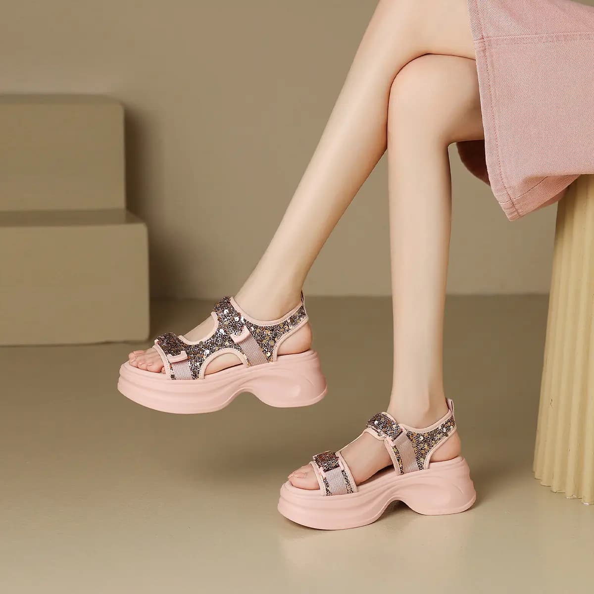 Mulinsen Women's Fabric Lightweight Retro Comfortable Versatile Glitter Breathable Simple Fashion Sandals Thick Toe & High Heel 3.5CM/6.5CM 9