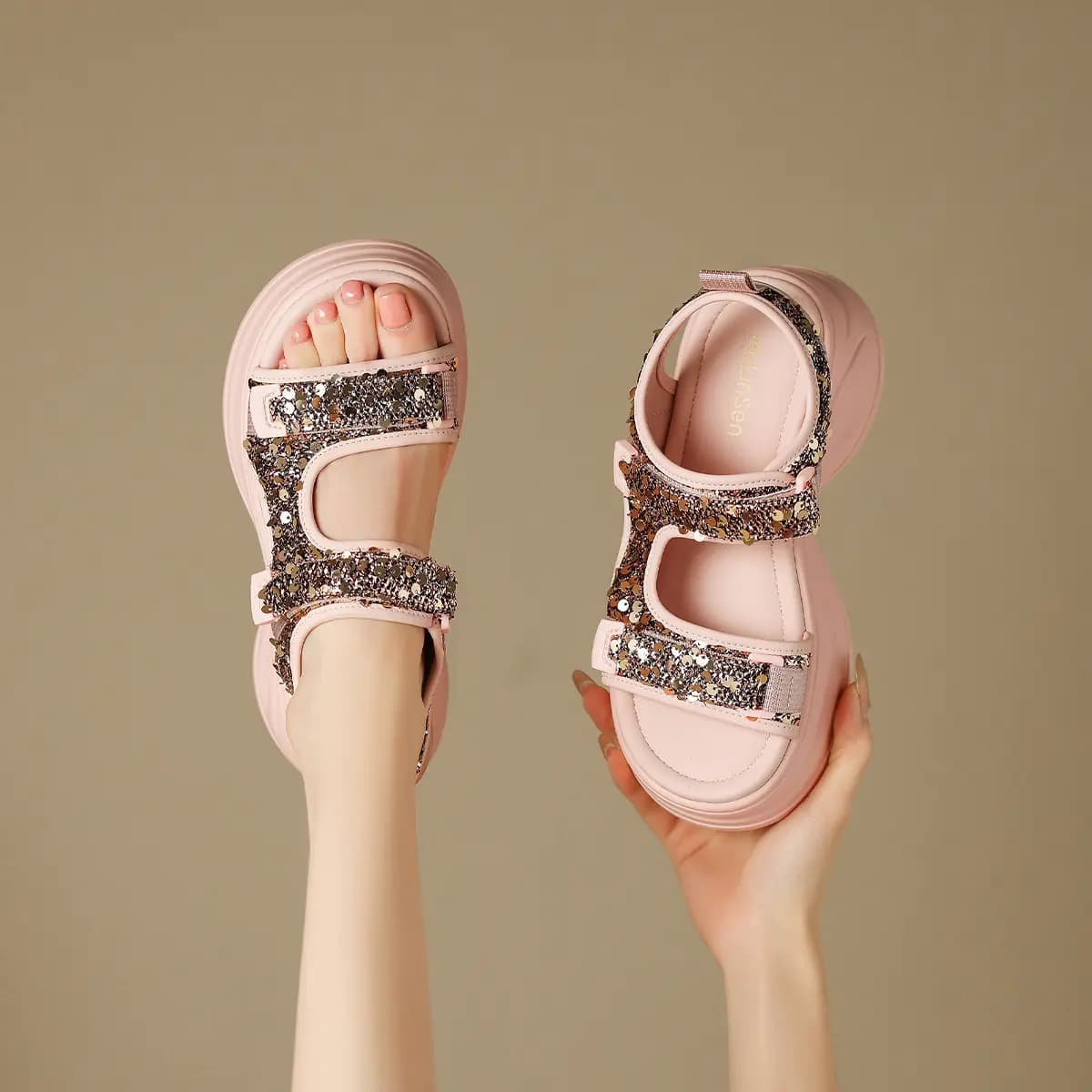 Mulinsen Women's Fabric Lightweight Retro Comfortable Versatile Glitter Breathable Simple Fashion Sandals Thick Toe & High Heel 3.5CM/6.5CM 10