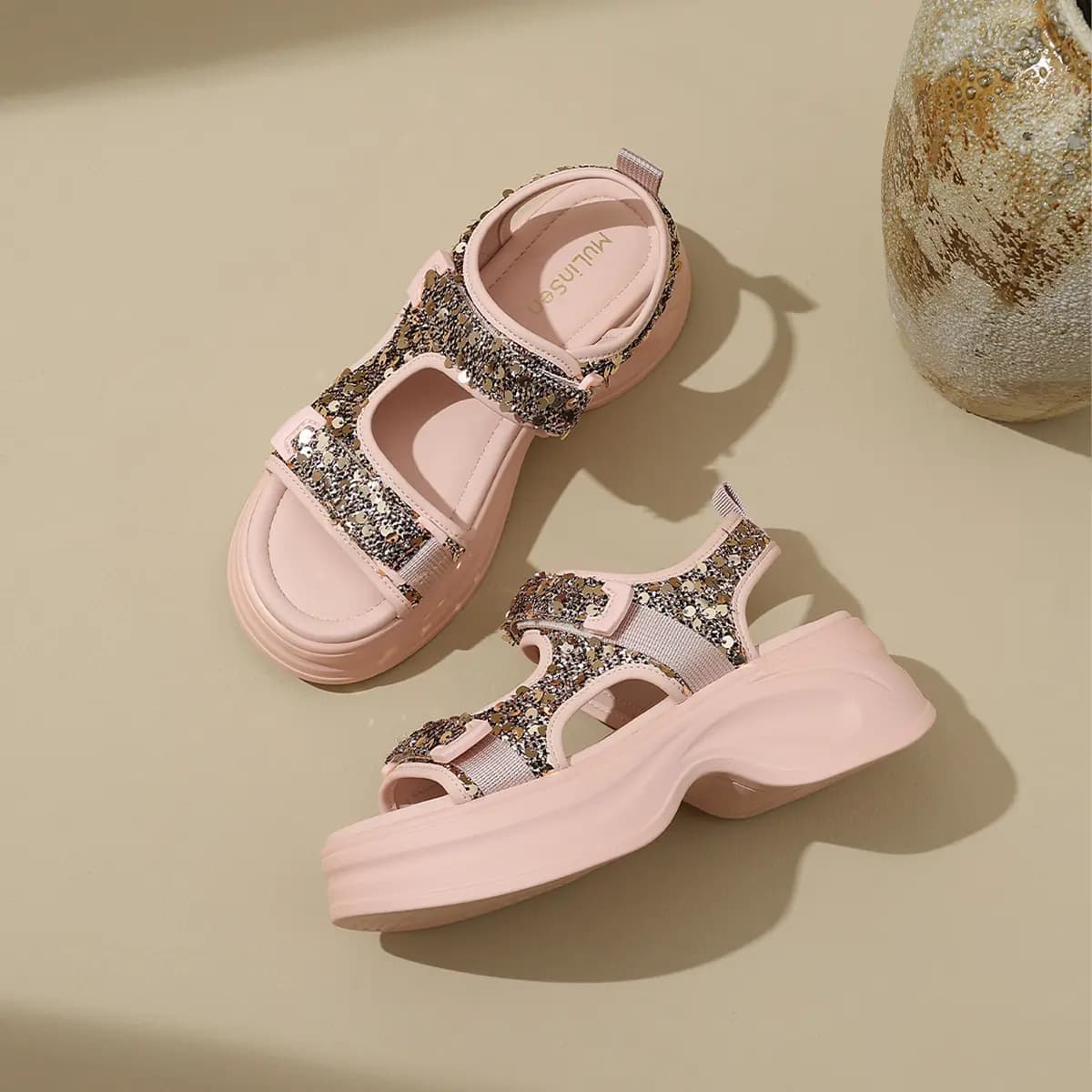 Mulinsen Women's Fabric Lightweight Retro Comfortable Versatile Glitter Breathable Simple Fashion Sandals Thick Toe & High Heel 3.5CM/6.5CM 14