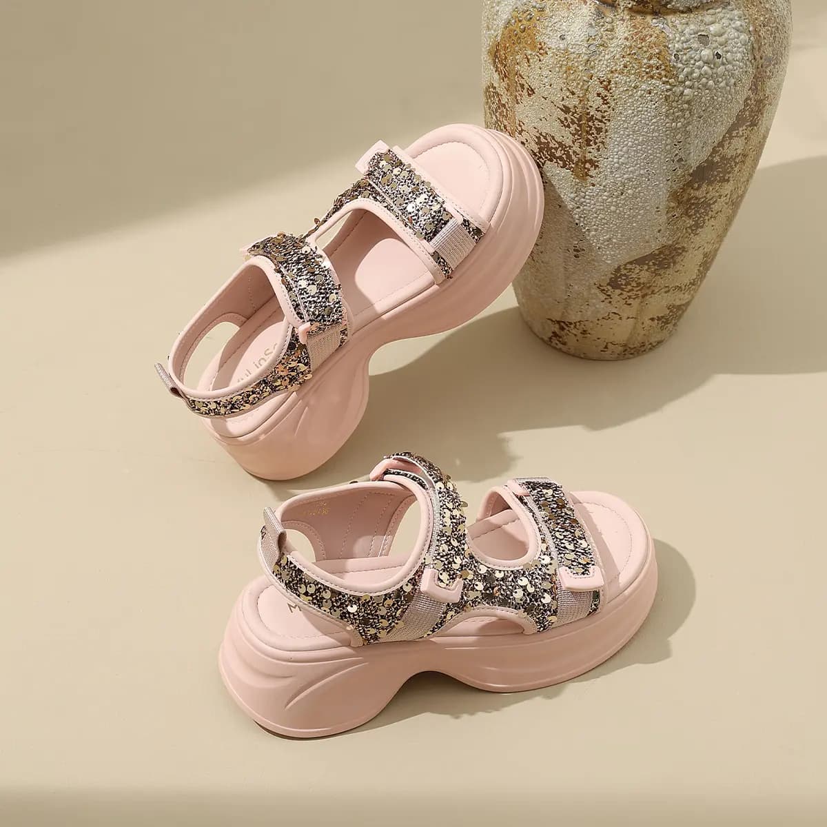 Mulinsen Women's Fabric Lightweight Retro Comfortable Versatile Glitter Breathable Simple Fashion Sandals Thick Toe & High Heel 3.5CM/6.5CM 13