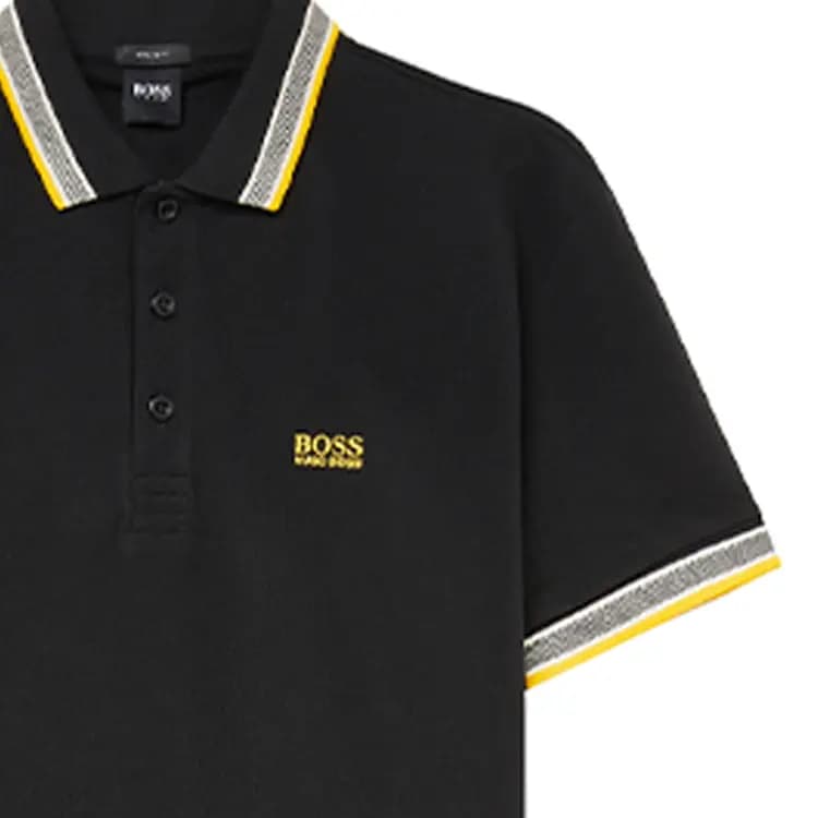 HUGO BOSS SS22 Solid Color Logo Embroidered Stripe Notch Lapel Short Sleeve Polo Shirt Men's Black 6