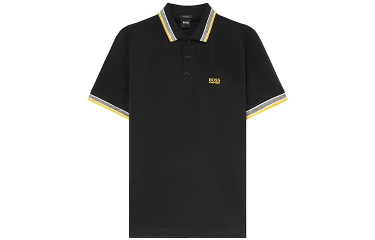 HUGO BOSS SS22 Solid Color Logo Embroidered Stripe Notch Lapel Short Sleeve Polo Shirt Men's Black