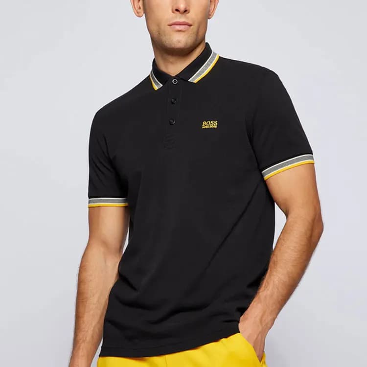 HUGO BOSS SS22 Solid Color Logo Embroidered Stripe Notch Lapel Short Sleeve Polo Shirt Men's Black 3