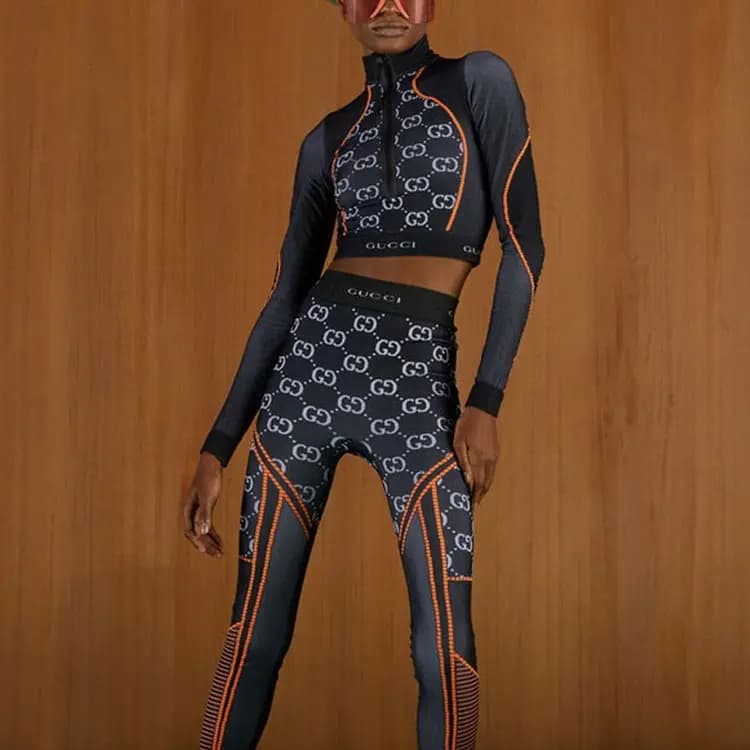 GUCCI Gg Jersey Jacquard Qadın Crop Top Qara/Narıncı 2