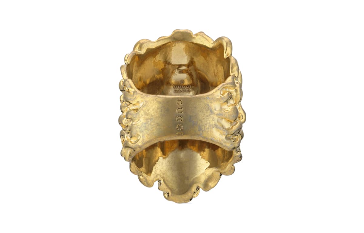 GUCCI Distressed Metal Crystal Lion Head Ring Women's Gold 4