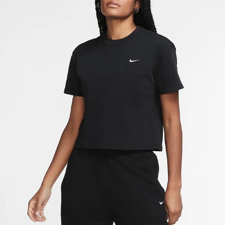 Nike Casual Solid Color Logo Cropped Crew Neck Short Sleeve T-Shirt Women's Black 4