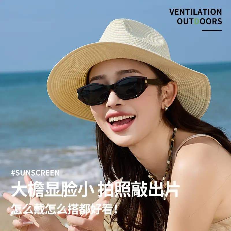 Old Money Style Jeep Wide Brim Panama Hat Beach Vacation Style Sun Hat High-End Woven Hollow Formal Hat Breathable #Good Luck Lightweight Sun Hat Unisex 8