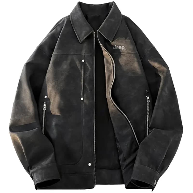 Jeep Unisex American Washed Logo Distressed Zip-Up Leather Jacket 6