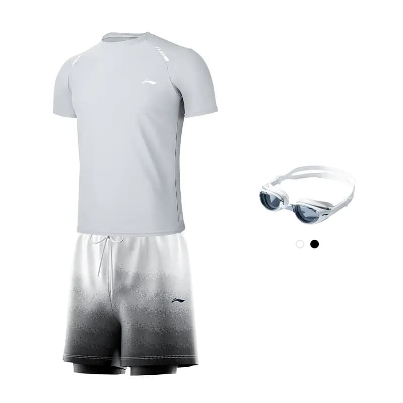 LiNing UPF50+ UV Protection Tech Sun Protection High-Stretch Soft Short Sleeve Double-Layer Shorts Anti-Embarrassment Comfortable Skin-Friendly Swim Casual Sport Two-Piece Swimsuit Set Men's 5