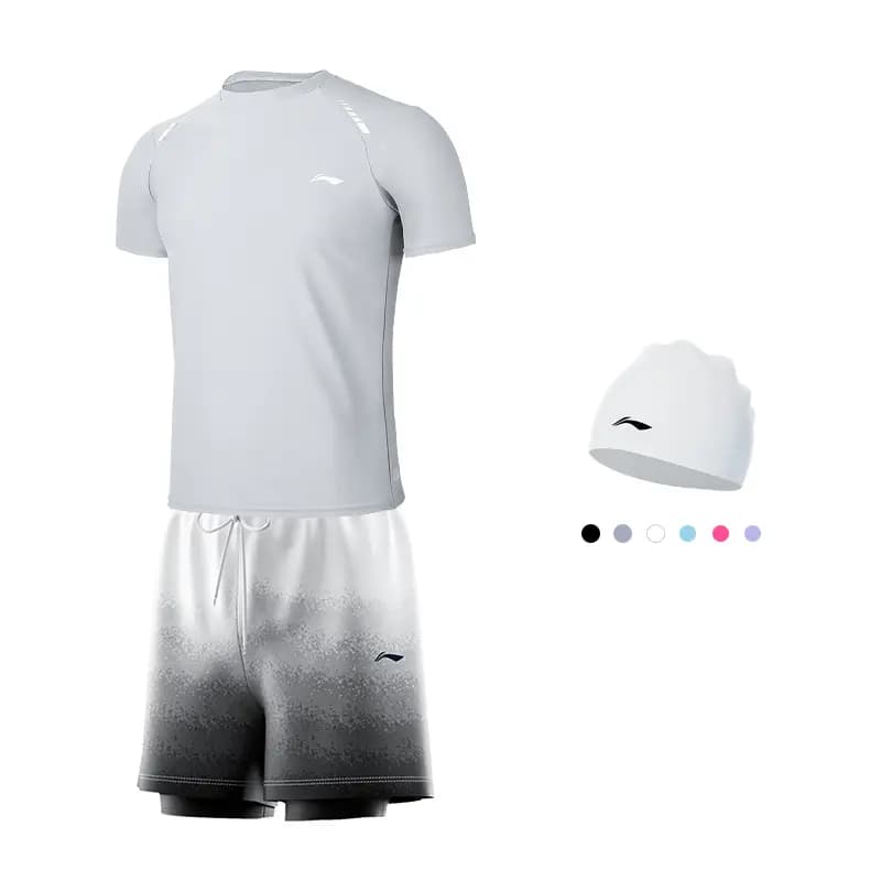 LiNing UPF50+ UV Protection Tech Sun Protection High-Stretch Soft Short Sleeve Double-Layer Shorts Anti-Embarrassment Comfortable Skin-Friendly Swim Casual Sport Two-Piece Swimsuit Set Men's 4