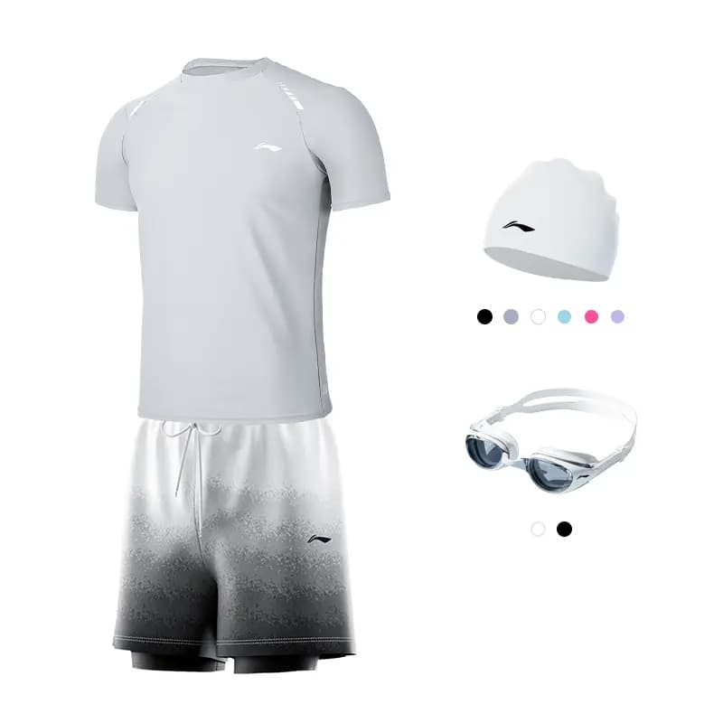 LiNing UPF50+ UV Protection Tech Sun Protection High-Stretch Soft Short Sleeve Double-Layer Shorts Anti-Embarrassment Comfortable Skin-Friendly Swim Casual Sport Two-Piece Swimsuit Set Men's 6