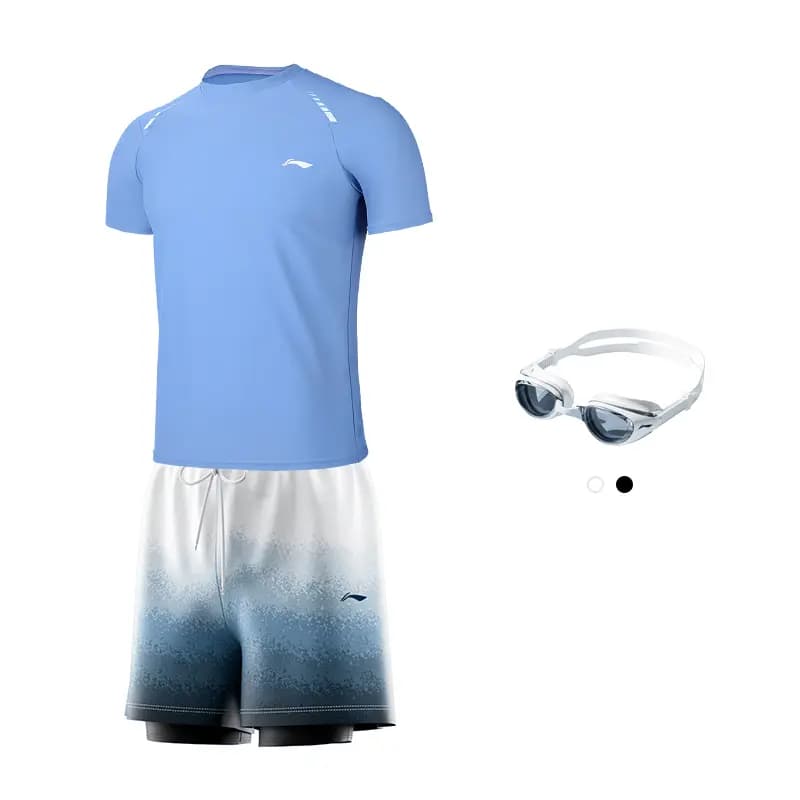 LiNing UPF50+ UV Protection Tech Sun Protection High-Stretch Soft Short Sleeve Double-Layer Shorts Anti-Embarrassment Comfortable Skin-Friendly Swim Casual Sport Two-Piece Swimsuit Set Men's 9