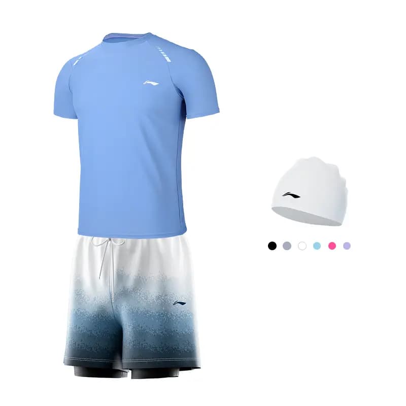 LiNing UPF50+ UV Protection Tech Sun Protection High-Stretch Soft Short Sleeve Double-Layer Shorts Anti-Embarrassment Comfortable Skin-Friendly Swim Casual Sport Two-Piece Swimsuit Set Men's 8