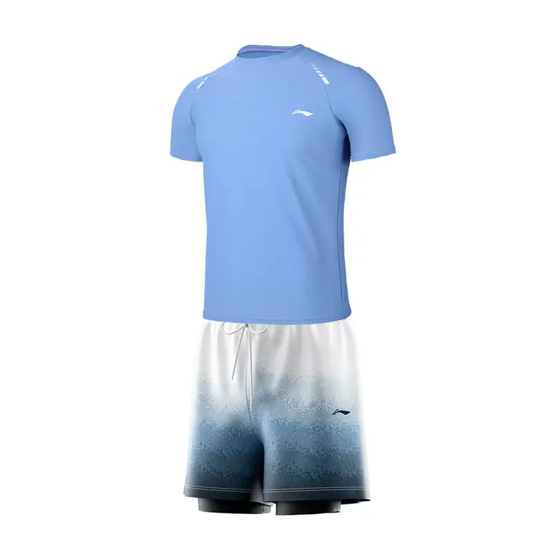 LiNing UPF50+ UV Protection Tech Sun Protection High-Stretch Soft Short Sleeve Double-Layer Shorts Anti-Embarrassment Comfortable Skin-Friendly Swim Casual Sport Two-Piece Swimsuit Set Men's 7