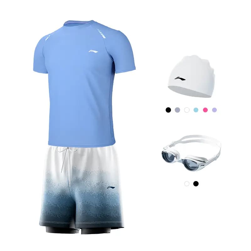 LiNing UPF50+ UV Protection Tech Sun Protection High-Stretch Soft Short Sleeve Double-Layer Shorts Anti-Embarrassment Comfortable Skin-Friendly Swim Casual Sport Two-Piece Swimsuit Set Men's 10