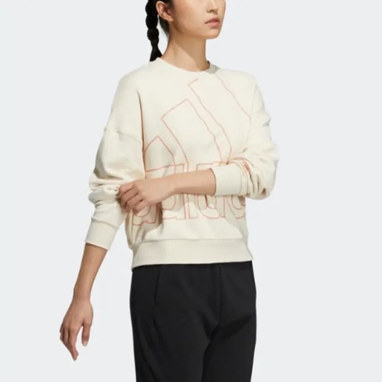 adidas Big Logo Crew Neck Athletic Casual Pullover Hoodie Women's Off-White 3