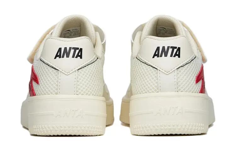 Anta Kids Mesh Velcro Wear-Resistant Low-Top Skate Shoes Cream White/Red 4