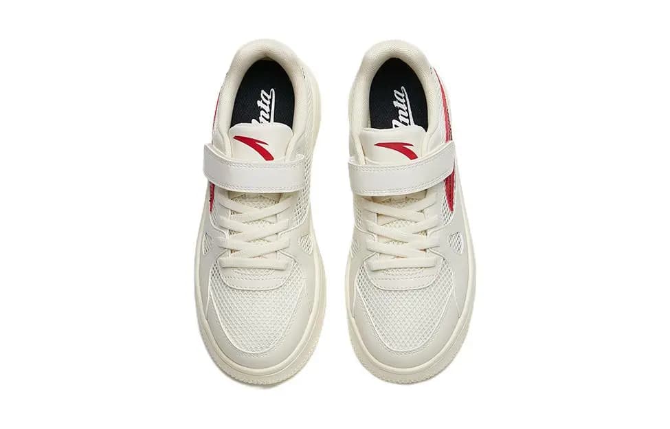 Anta Kids Mesh Velcro Wear-Resistant Low-Top Skate Shoes Cream White/Red 3