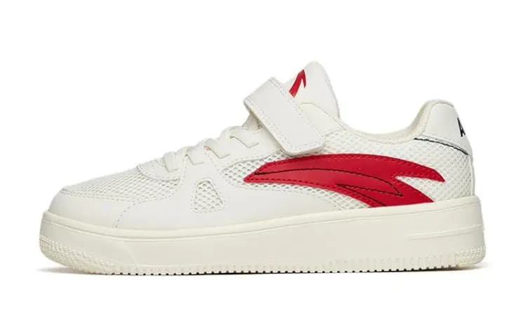 Anta Kids Mesh Velcro Wear-Resistant Low-Top Skate Shoes Cream White/Red