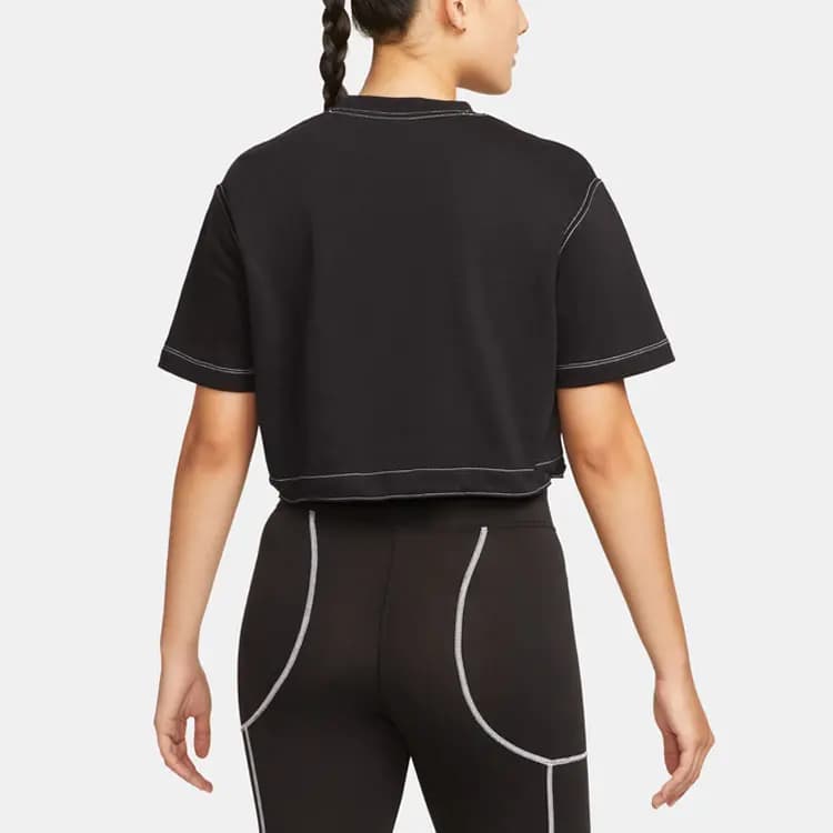 Nike Solid Color Large Logo Cropped Casual Crew Neck Short Sleeve T-Shirt Women's Black 4