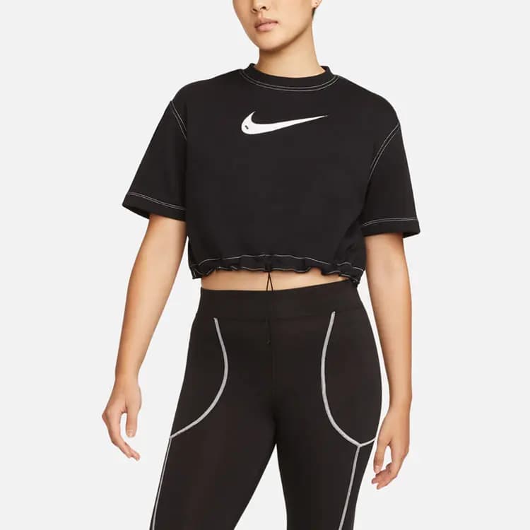 Nike Solid Color Large Logo Cropped Casual Crew Neck Short Sleeve T-Shirt Women's Black 5