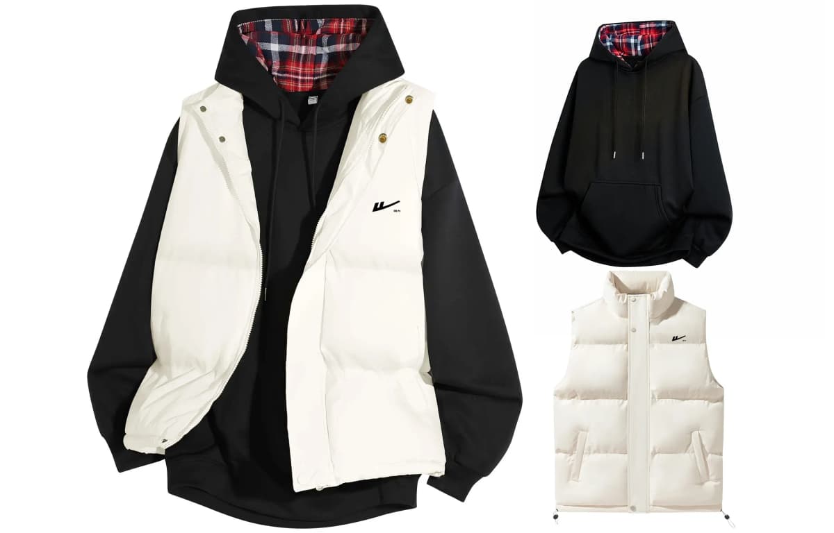 Warrior Basic Versatile Brand Logo Print Loose Casual Plaid Patchwork Hooded Pullover Long Sleeve Top Stand Collar Solid Vest Hoodie Set Unisex 3