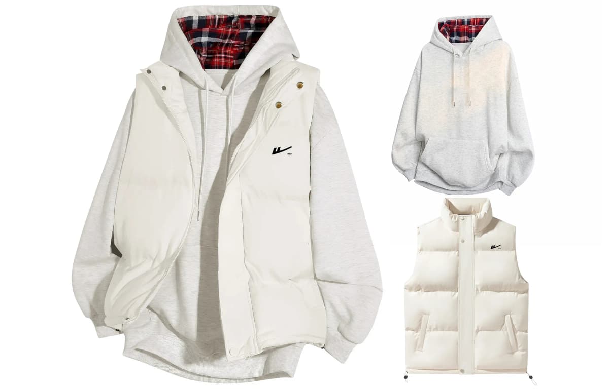 Warrior Basic Versatile Brand Logo Print Loose Casual Plaid Patchwork Hooded Pullover Long Sleeve Top Stand Collar Solid Vest Hoodie Set Unisex 6