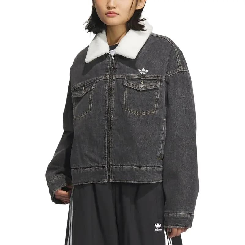 adidas originals FW25 FEMME DENIM PAD Warm Turn-Down Collar Zippered Long Sleeve Denim Jacket Women's 2