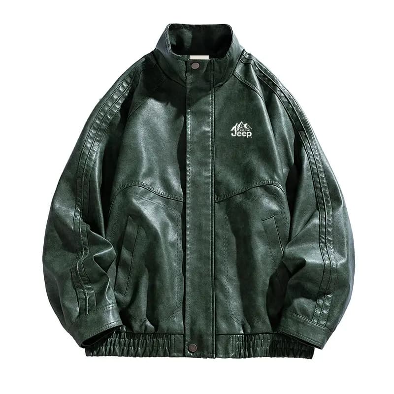 Jeep American Retro Solid Color Biker Style Maillard Loose Casual Stand Collar Leather Jacket Unisex 3